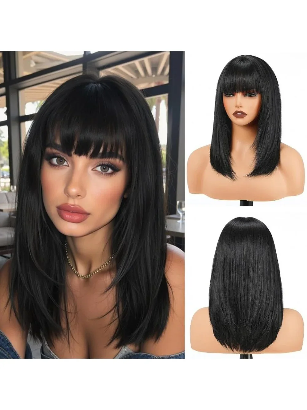 Women's 16 Inch Jet Black Highlight Wig Bang Layered Straight Shoulder Length